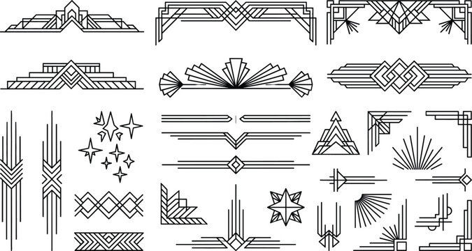Art Deco Ornamental Divider Set with Geometric Frame, Border, Corner, and Vintage 1920s Line Design Elements