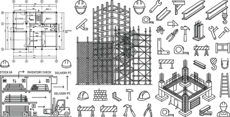 Obraz premium Construction Site and Architectural Blueprint Icon Set Featuring Building Scaffolding Concrete Foundations Industrial Tools and Forklift Logistics Vectors