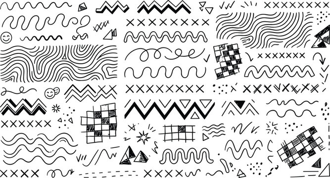 Hand Drawn Doodle Pattern Set with Wavy Line, Zigzag, Checkered Square, Cross Mark, and Squiggle Elements