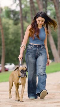 Beautiful young woman enjoying a relaxing walk with her boxer dog on a leash. Pet owner and her companion strolling together on a path