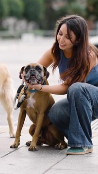 Young smiling woman crouching on a city sidewalk while affectionately petting her senior boxer dog. A loving moment between a pet and its owner