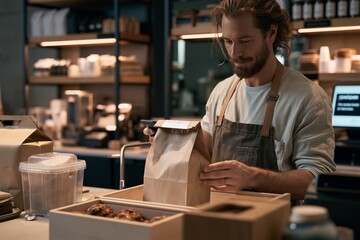 Fototapeta premium Cafe staff preparing mobile pickup order with takeout bag behind counter