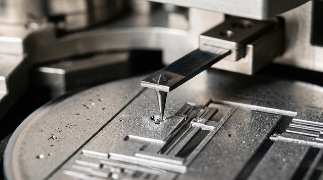 Closeup of an atomic force microscope AFM probe delicately measuring nanometerscale surface defects on a silicon wafer highlighting precision metrology techniques.