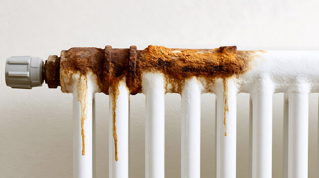 Close up of heavily rusted white heating radiator pipe with brown and orange corrosion, showing neglect and maintenance need