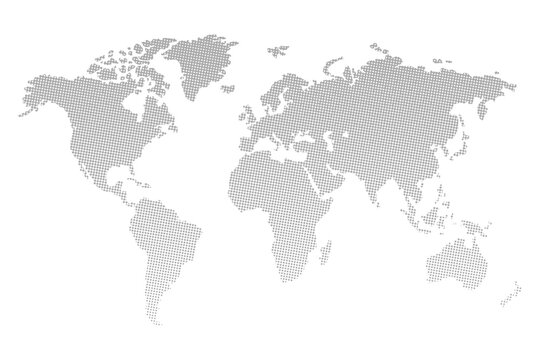 Monochromatic grey halftone dot pattern world map continents layout vector illustration isolated on transparent background