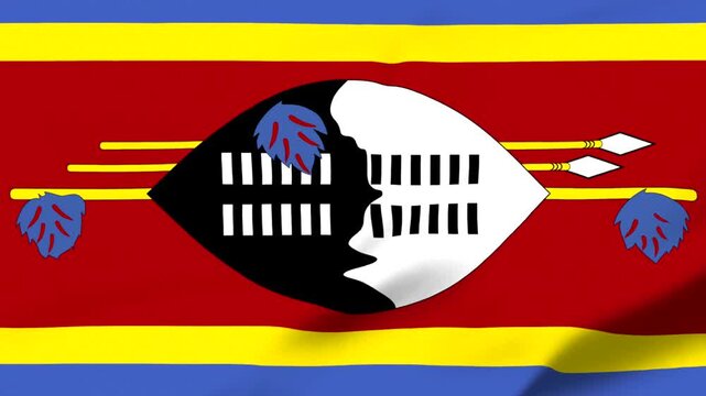 Swaziland flag with traditional emblem and colorful stripes