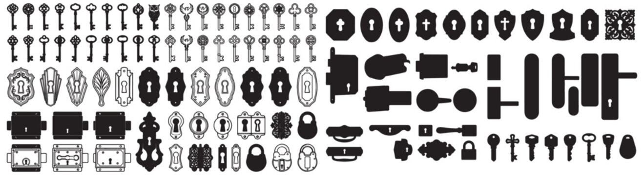 Vintage Keys and Locks Silhouette Collection With Antique Keyholes, Escutcheons and Door Handles