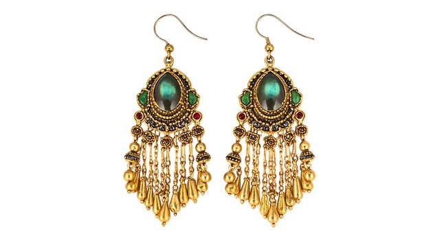 Gold and turquoise dangly earrings on white background.