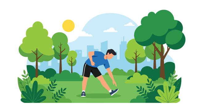 Flat style vector illustration of a man stretching before exercise in a green city park. Perfect for healthy lifestyle, fitness routine, wellness campaign, and daily good habit promotion