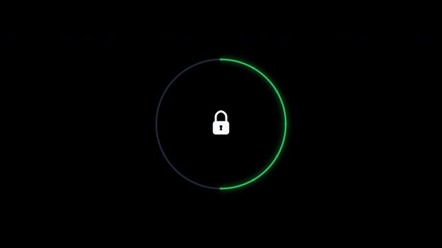 Motion of digital lock unlocking with animated green circle and padlock.
