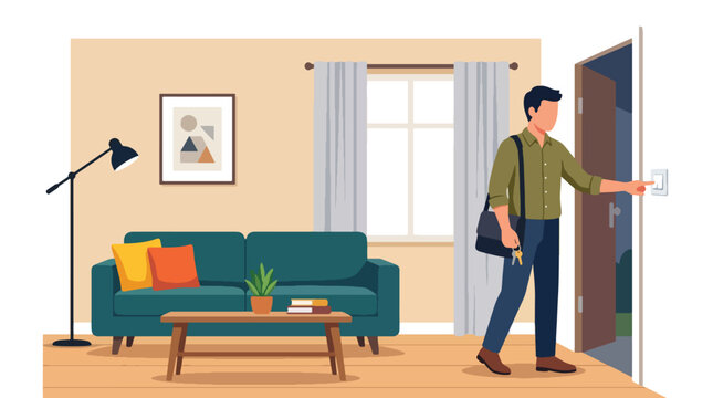 Flat style vector illustration of a man turning off the light before leaving home. Perfect for energy saving, responsible living, environmental awareness, and daily good habits