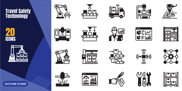 Industrial automation icon set manufacturing robotics and technology vector graphics for business and engineering applications