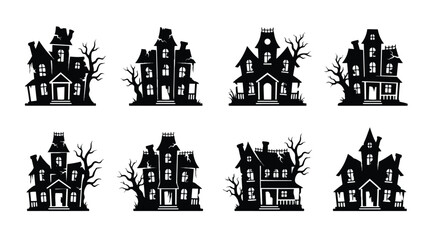 Obraz premium Collection of eight spooky haunted house silhouettes for Halloween designs.