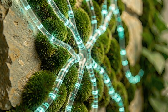 Data network merging with moss on raw stone.