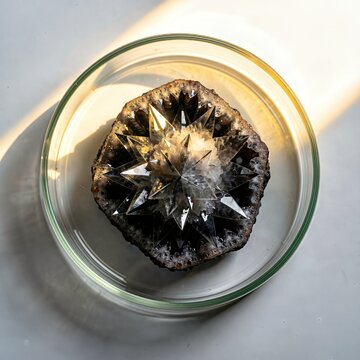 Crystalline growth forming in lab petri dish