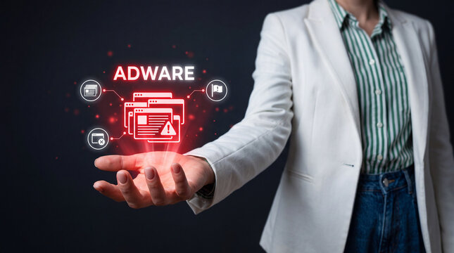 Businesswoman Holding Red Adware Warning Hologram