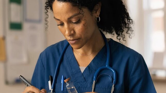 Focused medium shot of a nurse illustrating diabetes medication schedules and insurance coverage with the surrounding room softly fading into the background.