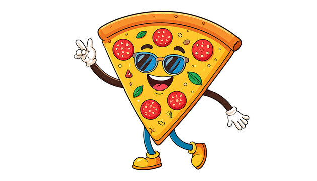 Pixel art pizza slice character with sunglasses and pepperoni, dancing with a peace sign gesture, fun food mascot