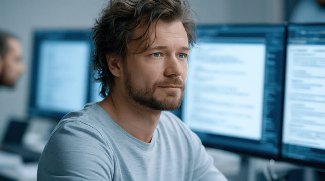 IT professional in a modern office workspace with dual monitors showing a digital resume