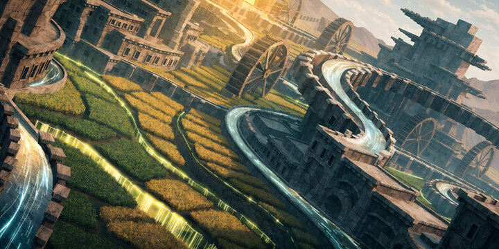 THE STONE AQUEDUCT GRID CORE OF THE SKEWED BIOLUMINESCENT RIVER VALLEY METROPOLIS