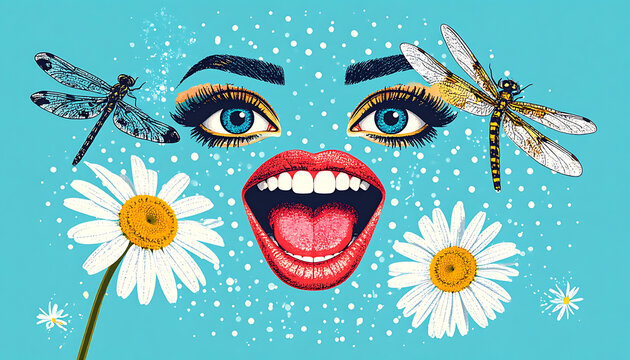 Pixelated woman's face with open mouth, blue eyes, surrounded by dragonflies and daisies, vibrant, creative, graphic art