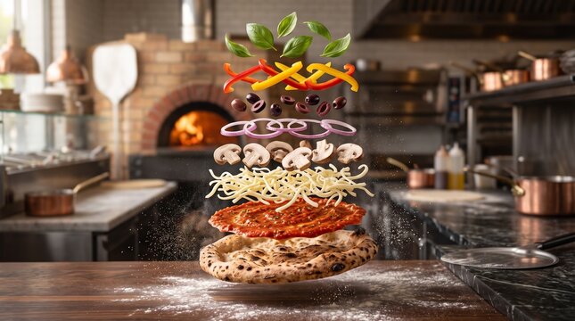 Levitating pizza ingredients in rustic kitchen, deconstructed flying pizza with fresh toppings, gourmet italian food concept in artisan pizzeria