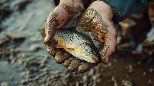 Mud-covered hands gently hold a freshly caught brown trout.