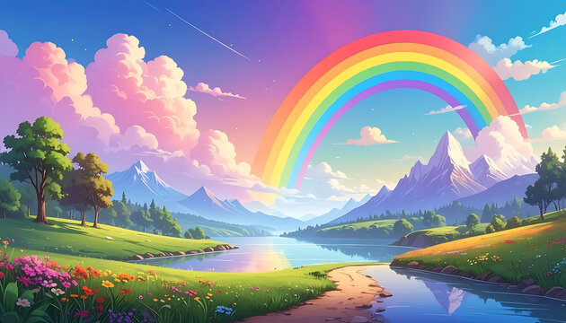 Pixel art landscape with a vibrant rainbow arching over mountains and a serene lake, soft clouds and colorful wildflowers, idyllic scenic view