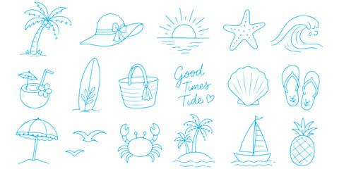 Tropical beach icon set with palm trees, waves, sun, turtle, surfboard and summer travel symbols. Minimal vector collection for holiday, paradise and ocean themes. © Hikestudio3
