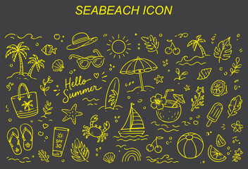 Tropical beach icon set with palm trees, waves, sun, turtle, surfboard and summer travel symbols. Minimal vector collection for holiday, paradise and ocean themes. © Hikestudio3