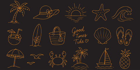 Tropical beach icon set with palm trees, waves, sun, turtle, surfboard and summer travel symbols. Minimal vector collection for holiday, paradise and ocean themes. © Hikestudio3