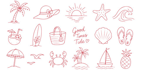 Tropical beach icon set with palm trees, waves, sun, turtle, surfboard and summer travel symbols. Minimal vector collection for holiday, paradise and ocean themes. © Hikestudio3