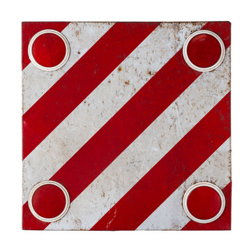 50x50 cm warning sign for protruding loads, featuring diagonal red and white stripes. Isolated on a white background.