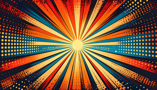 Retro comic book burst effect with radiating lines and halftone dots, vibrant orange, yellow, and blue colors