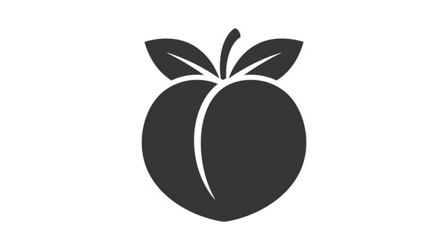 A minimalist black peach icon featuring two leaves displayed in a simple flat graphic style