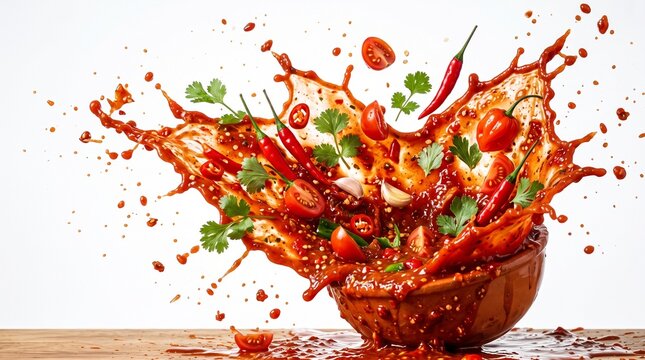 Spicy red sauce splashing with chili peppers and tomatoes. Fresh hot paprika explosion in clay bowl on white background restaurant
