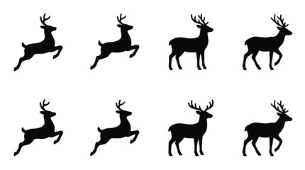 Fototapeta premium Black reindeer silhouettes set in jumping standing and walking poses on white background.