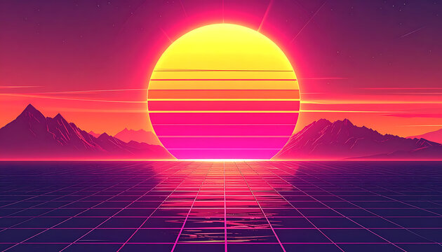 Retro futuristic sunset over pixelated mountains and grid landscape, synthwave aesthetic, vibrant neon colors, digital art.