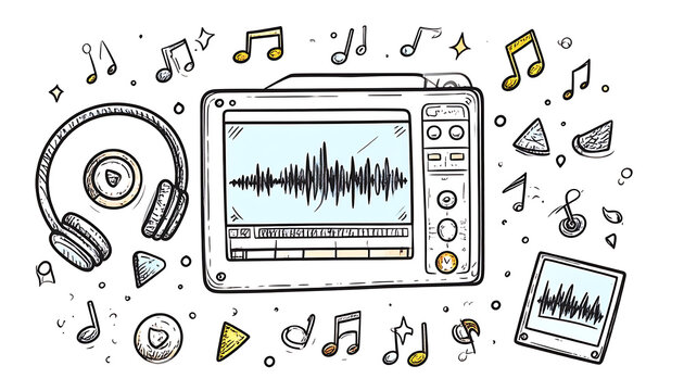 Portable digital music player with headphones, audio waveform display, and scattered musical notes and symbols, doodle art style