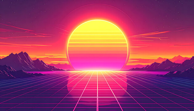 Retro futuristic sunset over pixelated ocean and mountains, synthwave aesthetic with neon grid, vibrant neon colors, digital art, 80s vibe, vaporwave background