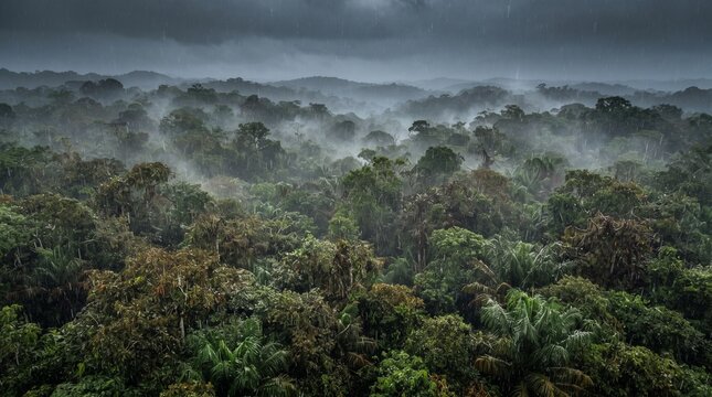 Misty tropical rainforest canopy under dark storm clouds, moody jungle landscape with rising fog, aerial view of dense green forest wilderness
