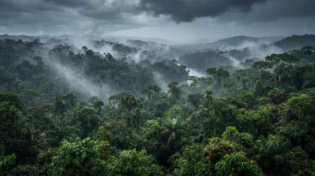 Misty tropical rainforest landscape under dark storm clouds, lush green jungle canopy with rising fog, dramatic aerial view of a wild rainforest wilderness