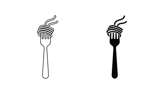 Fork with spaghetti vector icon isolated on white Black and white outline line art and solid glyph silhouette