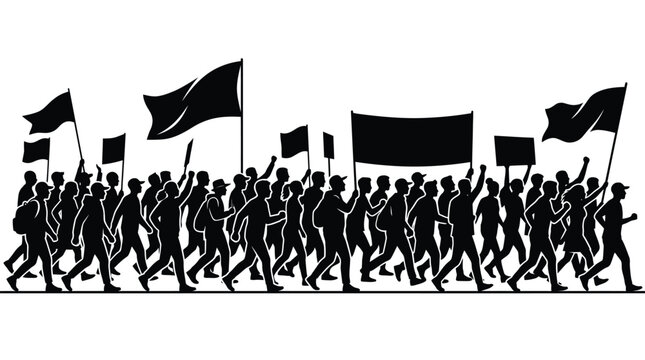 Silhouette of a large crowd marching with raised flags and blank banners for social protest