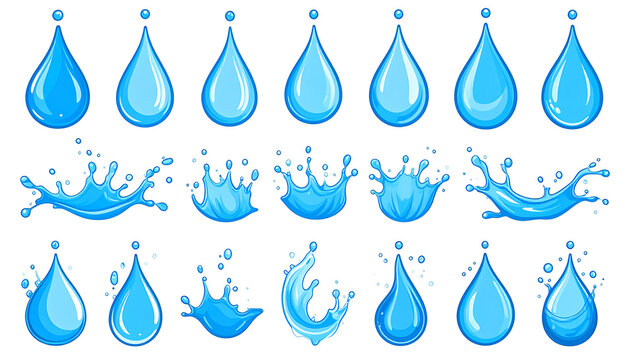 Pixel art water drops and splashes in various shapes, 8 bit style, clean elements for design