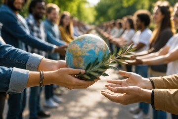 Diverse group of people passing globe with olive branch in outdoor circle