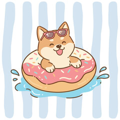 Cute Shiba Inu Dog Wearing Sunglasses in Donut Float Summer Illustration