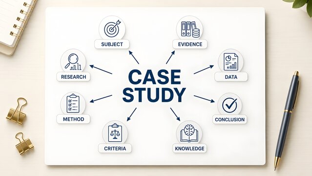 Printed case study methodology document with analytical icons on modern office desk with pen and clips top down view