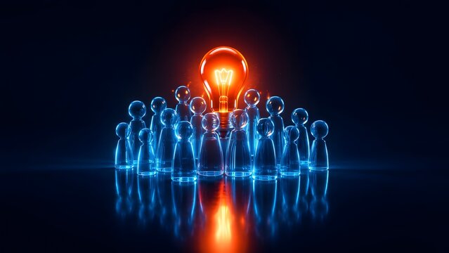 Glowing light bulb on a central glass pawn among a group, representing modern leadership, tech innovation, and transparent business ideas.