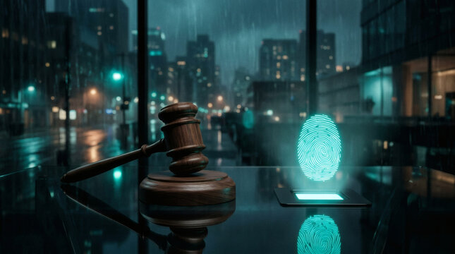 A classic minimalist wooden gavel sitting on a polished glass surface next to a single glowing digital fingerprint graphic, clean abstract corporate copyright and law concept